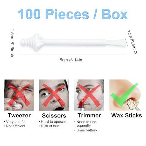 100Pcs Nose Wax Sticks Applicator with Disposable Spatulas for Nostril Cleaning Ear Face Eyebrow Mustache Hair Removal for Men Women, Painless, with Delicate Packing Box for Gift, BlueZOO