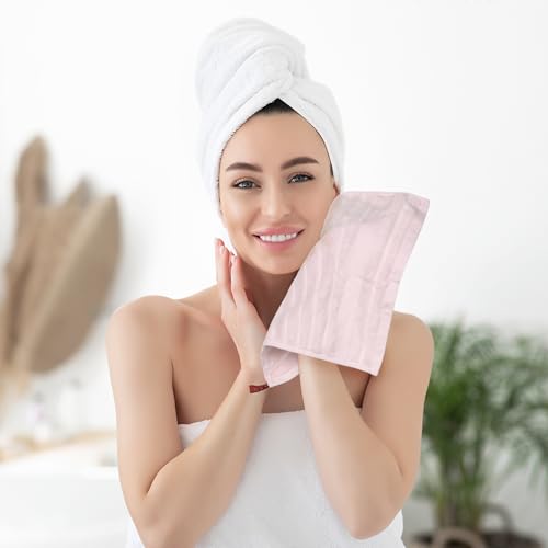 Striped 12 Pack Washcloths, Pure Cotton Face Towels, Comfort Towels for Bathroom, Hotel, Spa 14"x14" Pink