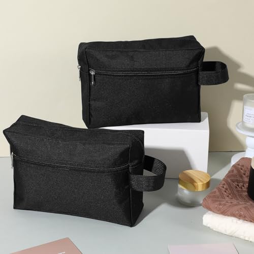 12 Pcs 8.6 x 6.3 x 2.7 inch Black Travel Toiletry Bags Bulk for Women Men Large Water Resistant Shaving Bags Hanging Cosmetic Bag with Handle and Divider Storage Travel Pouch Case