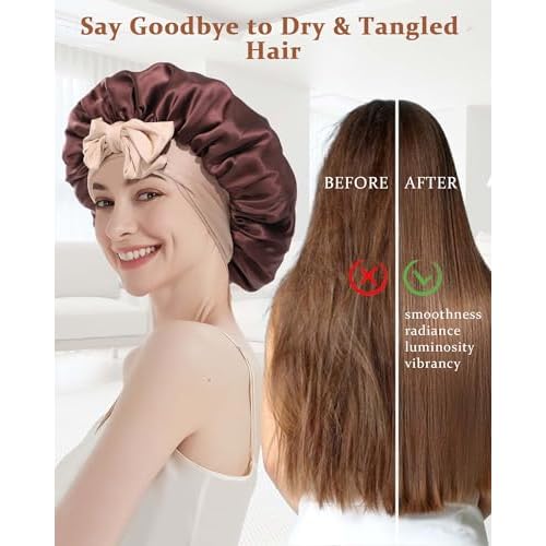 100% Mulberry Silk Bonnet for Sleeping Women Double Layer Silk Hair Bonnet Natural Silk Sleep Cap with Elastic Reversible Hair Wrap (Coffee + Champagne)