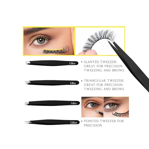 Lilico Tweezer Set, ? Stainless Steel Eyebrow Tweezers for Women & Men, Slanted & Pointed for brows and lash application