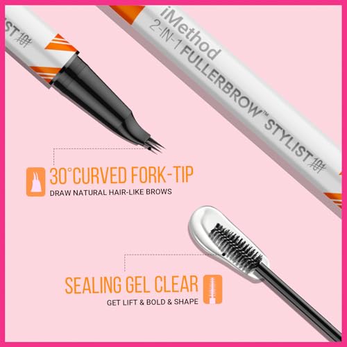 iMethod Curved Eyebrow Pen and Brow Gel - Eyebrow Pencils for Women with Hair Like Strokes, Eyebrow Makeup for All-Day Defined, Waterproof, Smudge-proof, Dark Brown and 2 Count Brow Gel Clear