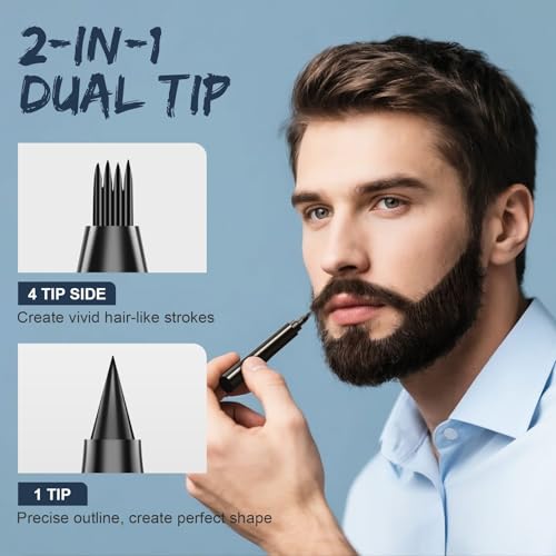 Beard Pencil Filler for Men Black - Beard Pen with Beard Brush & Comb, Barber Pencil Dual-Head Beard Filler with 4-Fork-Tip Waterproof Grooming Kit for Men, Gifts for Men (Dark Brown)