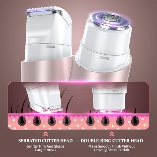 Bikini Trimmer for Women, Dual Head Face Shaver Body Hair Trimmmer, IPX7 Waterproof Womens Electric Razor for Legs, Rose Gold