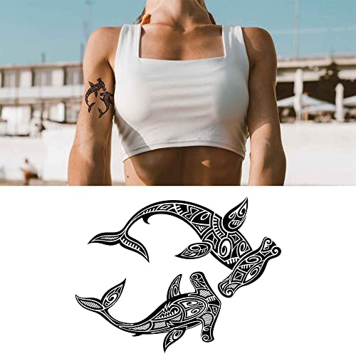 6 Sheets Temporary Fake Tattoos For Men Adults Hammer Sharks in Maori Tribal Style Temporary Fake Tattoo For Women Neck Arm Chest For Woman