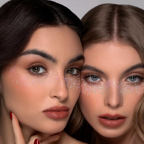 40pcs Glitter Freckles Face Tattoo, Holographic Face Glitter Sparkle Freckles Temporary Tatttoos for Women Girls, Waterproof Fake Freckles, Festival Rave Outfits Festival Decorations (Holographic)