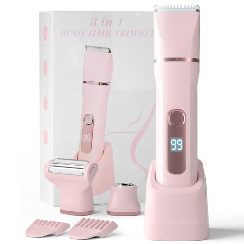 3-in-1 Bikini Trimmer for Women ? Electric Razor & Body Hair Trimmer with Charging Dock, USB-A to C7 Cable, IPX7 Waterproof, 1-Month Cordless, Battery% Display, Anti-Slip Grip ? X4 Blush Pink
