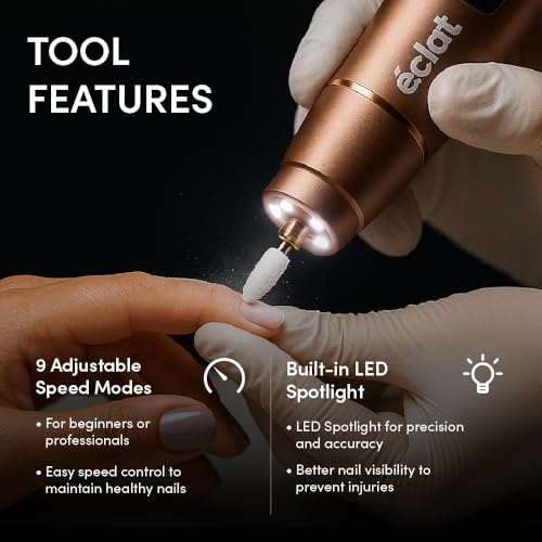 ?clat Cordless Nail Drill Electric File, Professional Efile for Acrylic, Gel, Dip Powder, Portable & Rechargeable Manicure Pedicure Set with LED Light, 7 Drill Bits, Sanding Bands, Brush (Rose Gold)