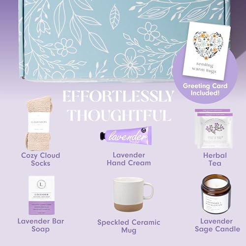 Unboxme Lavender Spa Gift Basket for Women - USA Made Self Care Package with Aromatherapy Candle, Bath Bomb, Tea & Mug - Relaxation Gifts for Birthday, Get Well, Sympathy, Thank You