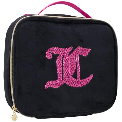 Juicy Couture Black Hot Pink Makeup Bag Cosmetics Organizer Travel Essentials Compartmentalized Glitter
