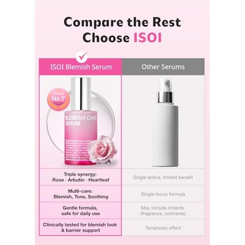 ISOI Blemish Care Up Serum for Face, Vegan Hydrating Serum for Smooth & Glass Skin Effect, Skin Barrier & Moisture Balance for Women, Arbutin & Rose Otto Oil, Korean Skin Care (1.18 fl. oz, 35ml)
