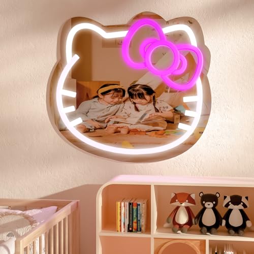 Anime Hello Kit Cat Neon Sign Mirror L16.1 W14 Vanity Mirror with Lights Bedroom Wall Mirror for Pink Room Decor and a Makeup Mirror with Lights Teen Girl Gifts