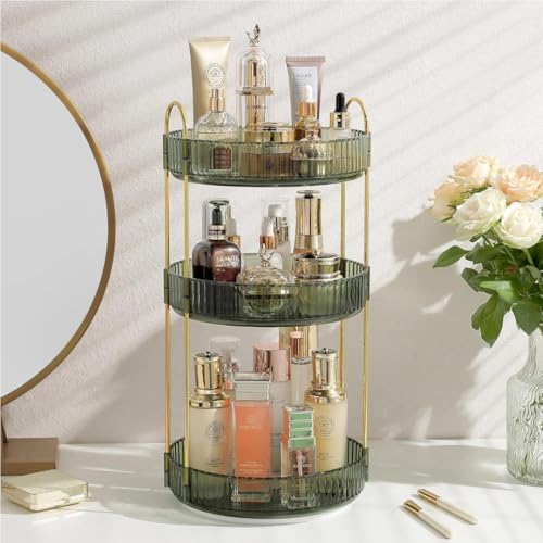 360¡Æ Rotating Makeup Organizer, 3 Tier Spinning Cosmetic Organizer for Vanity & Bathroom Countertop, Holds Tall Skincare Bottles, Perfume & Beauty Accessories ? Clear Green