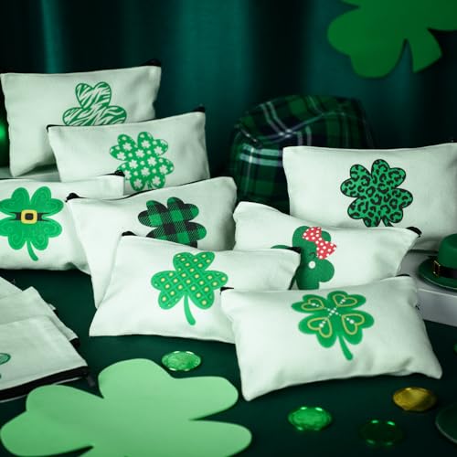 Sweetude 30 Pieces St. Patrick's Day Makeup Bags Bulk,Shamrock Cosmetic Bag with Zipper, St. Patrick's Day Pouch Travel Purse Toiletry Organizer for Women, 15 Styles