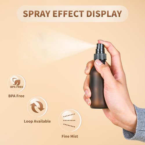 BILLIONSTARS 24 Pack 2oz Glass Boston Round Bottle with Fine Mist Sprayer - Amber Frosted - Essential Oils, Bath, Beauty, Hair & Cleaning - Leakproof Travel Bottles