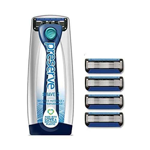 Preserve Shave 5 Five Blade Refillable Razor, Made from Recycled Materials, Navy Blue and Preserve Five Blade Replacement Cartridges for Preserve Shave Five Recycled Razor (4 Count) Bundle