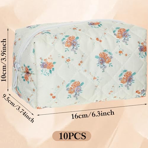 10 Pcs Cotton Floral Quilted Makeup Bags, Aesthetic Cosmetic Bags Portable Floral Makeup Pouch with Zipper Make Up Organizer for Women Travel Gifts