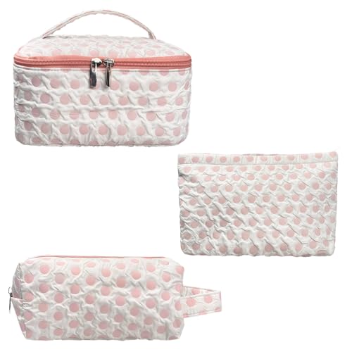3-Pack Large Capacity Cosmetic Bag Set, Water-Resistant Makeup Organizer with Leak-Proof Design, Travel Toiletry Bag with Polka Dot Pattern for Women, Home & Travel