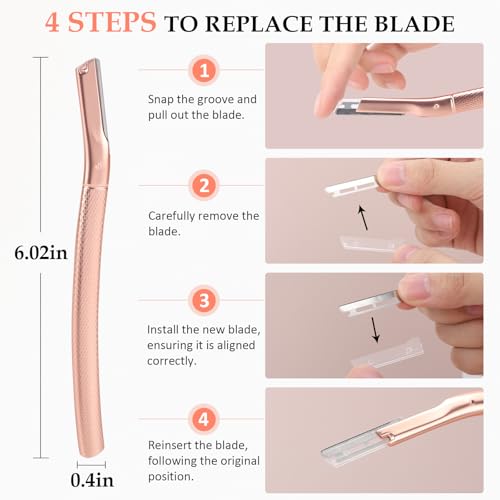 Eyebrow Razor for Women,Face Razors for Women Dermaplaning,Professional Dermaplane Tool with Protective Cap for Peach Fuzz (Rose Gold-10 Blades)
