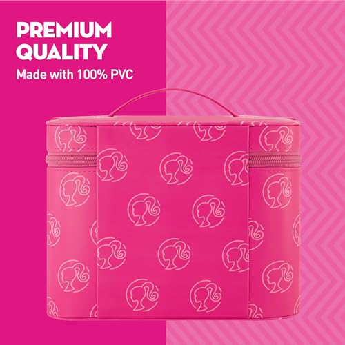 Concept One Barbie Large Women's Makeup Bag, Two Zipper Travel Cosmetic Zipper Pouch Organizer with Logo, Pink