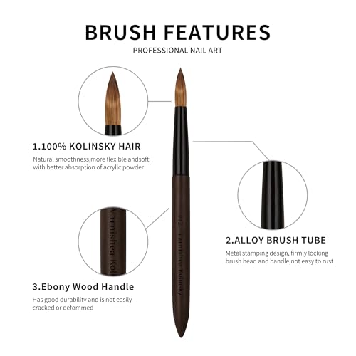 100% Pure Kolinsky Hair Acrylic Nail Brush Ebony Wood Handle Professional Manicure Brushes for Powder Nail Acrylic Application - Salon & DIY Nail Art Essentials - Size 12, 1.0 Count