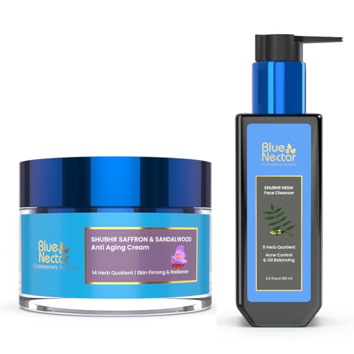 Blue Nectar Anti Aging Saffron Face Moisturiser for Women (1.7 Fl Oz) Paried with Vitamin C Neem Face Cleanser for youthful, radiant skin(3.38Fl Oz)