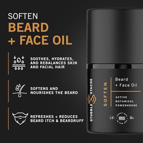 stubble & stache Hydrating Beard Oil for Men ? Dual-Use Face & Beard Moisturizer & Conditioner with Baobab, Jojoba & Argan ? Softens Hair, Stops Itch & Dry Skin ? Lightweight Non-Greasy Oil, 1 fl oz