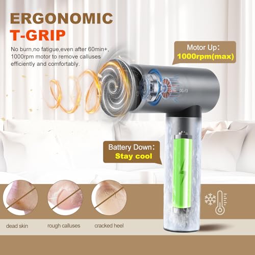 Premium Electric Foot Callus Remover, Ergonomic T-Grip 2600mAh Rechargeable 3-Speeds All Metal Foot File for Dead Skin Cracked Heels Pedicure kit at Home with 60pcs Sandpaper Pads