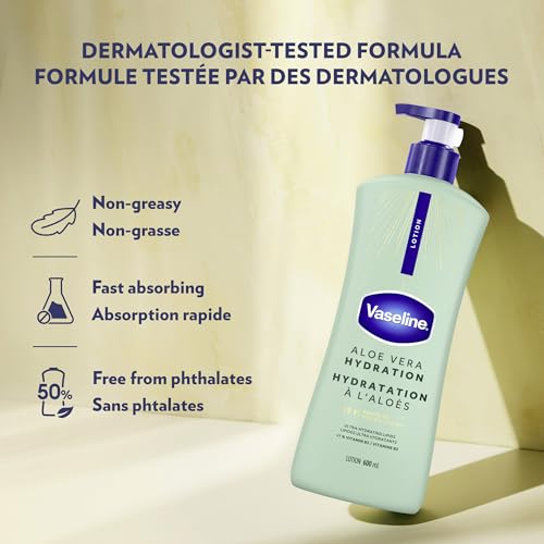 Vaseline Intensive Care Body Lotion for Dry Skin Soothing Hydration Lotion Made with Ultra-Hydrating Lipids + 1% Aloe Vera Extract to Refresh Dehydrated Skin 20.3 oz, Pack of 3 (packaging May Vary)
