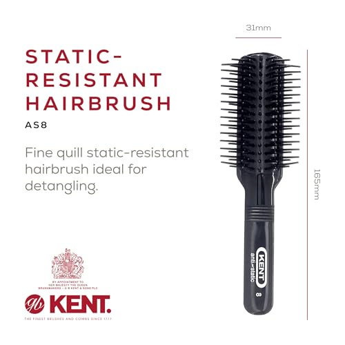 Kent AS8 Anti Static Hair Brush Travel Brush Small Hair Brush for Smoothing, Straightening, and Curling Short or Medium Hair. 7-Row Mini Hairbrush Anti Static for Hair Frizz Free Brush Made in England