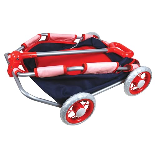 Lissi: Doll Pull Cart - Navy & Red - Foldable, Easy Push/Pull, Long Handle, Play-Transport-Hold-Store Dolls, Stuffed Animals & Plushies, Kids Ages 2+
