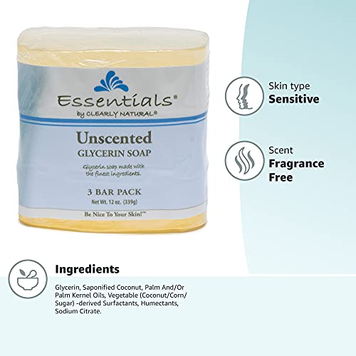 Clearly Natural Essentials Glycerin Bar Soap, Unscented, 4 Ounce, Pack of 3 (Packaging May Vary)