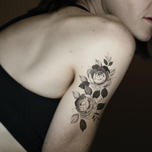 10 Sheets Waterproof Temporary Tattoo Stickers 3D Black Branch Rose Peony Flower Girls Blossom Waterproof Arm Leaf Sexy Arm Chains Pattern Perfect for Parties, Events and More
