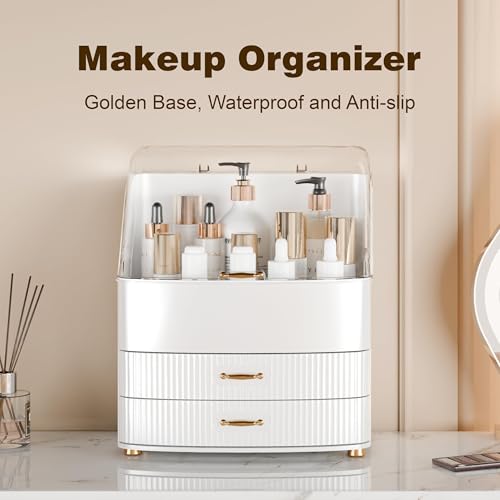 Makeup Organizer Countertop Vanity with Transparent Lid Drawers Waterproof Dustproof Cosmetic Skincare Bathroom Storage Gift for Women Teens Girls (Whtie)