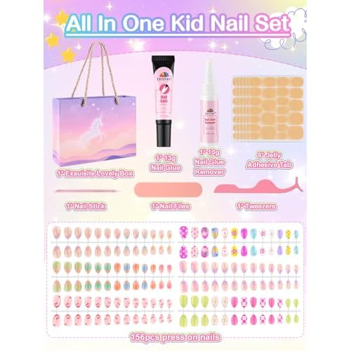 EBANKU 156 Pcs Press on Nail Kids Gift Box, 6 Pack French Flower Kid Flase Nails Kit with Nail Glue Set Fake Nail for Girls 5-10 Years Christmas Gift Set