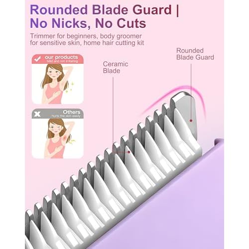 2-in-1 Bikini Trimmer for Women, Waterproof Painless Body Shaver for Legs, Underarms, Bikini Line with Narrow & Wide Ceramic Blades, 3 Combs, USB Rechargeable, Travel Friendly Gift for Women,Purple