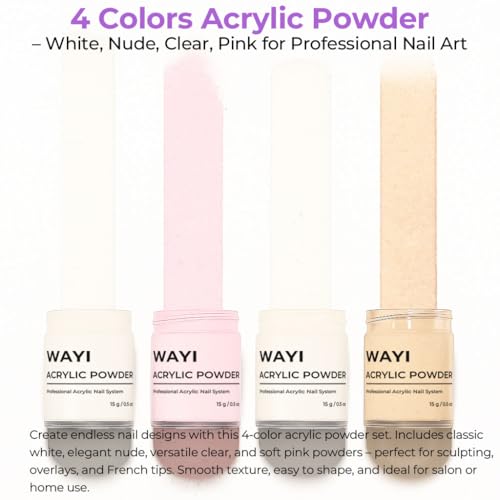 WAYI Acrylic Nail Kit for French Nails, 58ml Monomer, 4¡¿15g Acrylic Powders (Clear/White/Pink/Nude), White French Tips, Rhinestones & Full Tools for Beginners & DIY