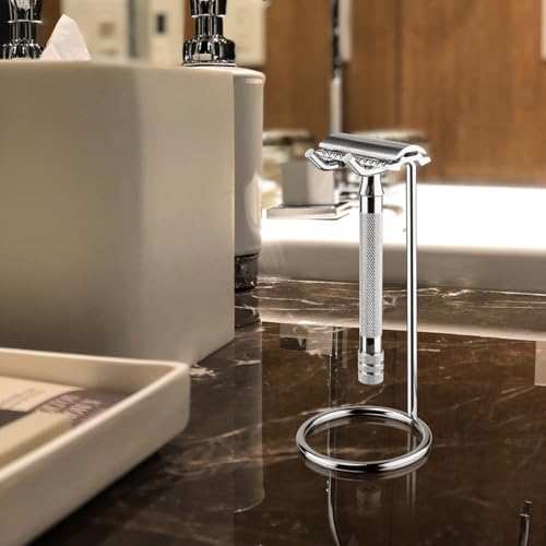 Linkidea Stainless Steel Safety Razor Stand, Polished Chrome Travel Shaving Razor Holder Compatible with Long Handle Safety Razor, Fusion 5 (Silver)