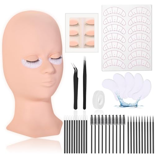 Lash Extension Practice Kit, Eyelash Extension Training Kit for Beginners, Professional Eyelash Mannequin Head Set with Lash Fan, Lash Shampoo, Glue Rings and Lash Mirror (Lashes Kit-with eye)