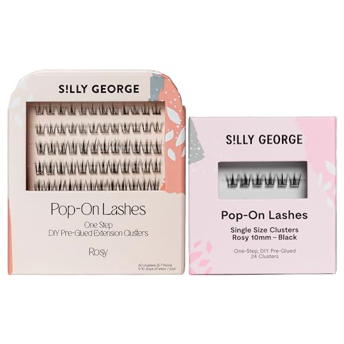 Silly George PopOn Lash 84 Cluster Pre-Glued Featherlight Bionic Silk 5 to 10 Day Wear Press-On Lash Bundle with 60 Pack MultiLength Plus 24 Pack Single Size Black Rosy 10mm