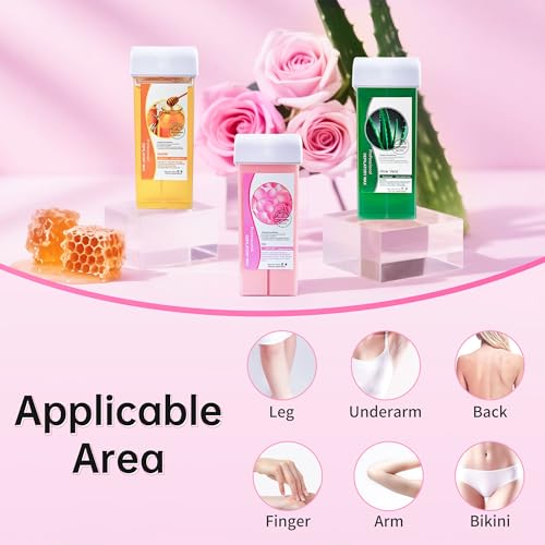 Beauty7 Roll On Wax, Body Hair Removal, Wax Roller Kit, 3 Packs Waxing Cartridge Depilatory Honey Refill, Underarm Leg Waxing for Women and Men, 5 Calming Oil Wipes, 50pcs Paper Strips