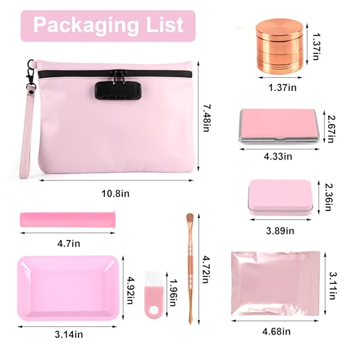 PU Travel Smell Proof Pouch - Waterproof with Combination Lock, 8 Accessories and Gift Box£¬Pink