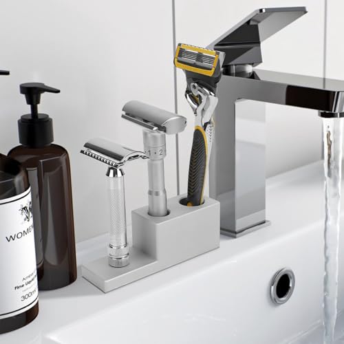 Linkidea Aluminum Alloy Razor Stand with Drainage Base , Compatible with Vikings Blade, Merkur Safety Razors, Collector Display Stand & Bathroom Organizer Gift for Men (Silver)