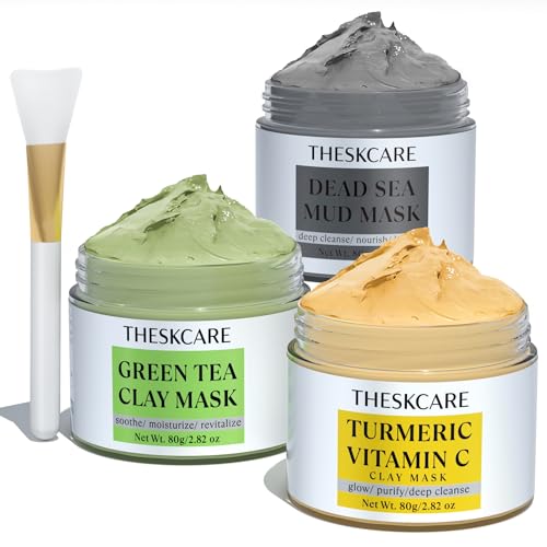 3 PCS Clay Mask Set, Turmeric Vitamin C Clay Mask, Dead Sea Mud Mask, Green Tea Mask, Facial Mask for Oil Control, Deep Cleaning, and Radiant Skin, 240g, 2.82 OZ each