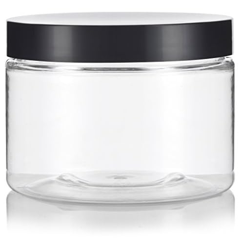 12 oz Clear PET Plastic Refillable Low Profile Jar with Black Smooth Lids (6 pack)