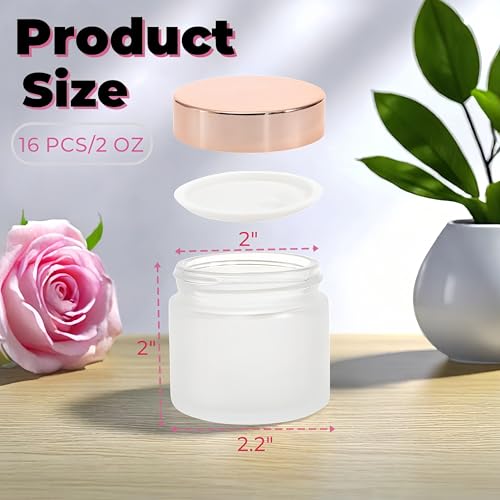 16 Pack 2 OZ Frosted Glass Jars, Empty Sample Cream Jar with Screw Lids & Inner Liners, Reusable Cosmetic Container for Body Scrubs, Lotion, Powder, Ointment, Makeup, Moisturiser, DIY Crafts