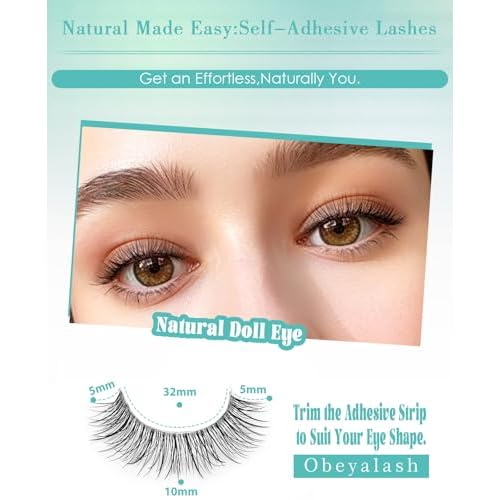 Obeyalash Self Adhesive Eyelashes Natural Look,Waterproof Stick on False Eyelashes,Easy Strip Lashes for Beginners,Reusable Glueless Lashes for Daily Work & Travel (L08 Doll Eye 10mm)