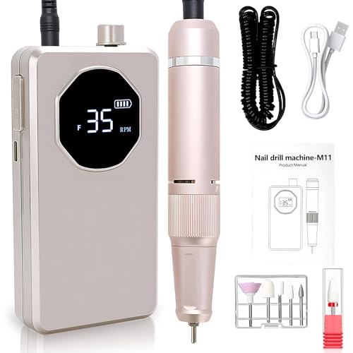 Professional Nail Drill High Torque 35000 RPM Rechargeable Portable Electric Nail File Filer for Acrylic Gel with Cuticle Bits, Salon Manicure Tool, Rose Gold