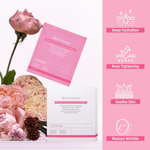 dewyhour Collagen Face Mask: 5 Pack Hydrating Deep Collagen Mask Overnight Sheet Mask with Hyaluronic Acid | Firming & Elasticity Skin, Korean Skincare, Pore Minimizing, Glass Glow Skin