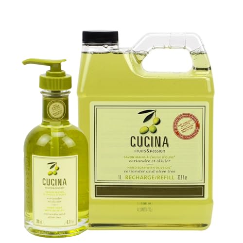 Cucina Fruits & Passion Coriander and Olive Tree Hand Soap Set, 6.7 fl oz Glass Bottle and 33.8 fl oz Refill, Made in Canada